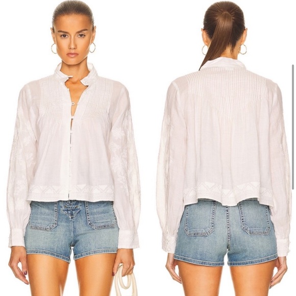 VERONICA BEARD • Amandine High Neck Pleated Floral Embroidered Top White - Picture 3 of 9